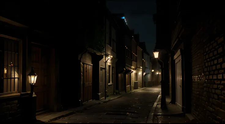 an old English alley from 1530 at night, where there are prostitutes, in complete darkness, lit by streetlights with stone streets, with whores around and sluts