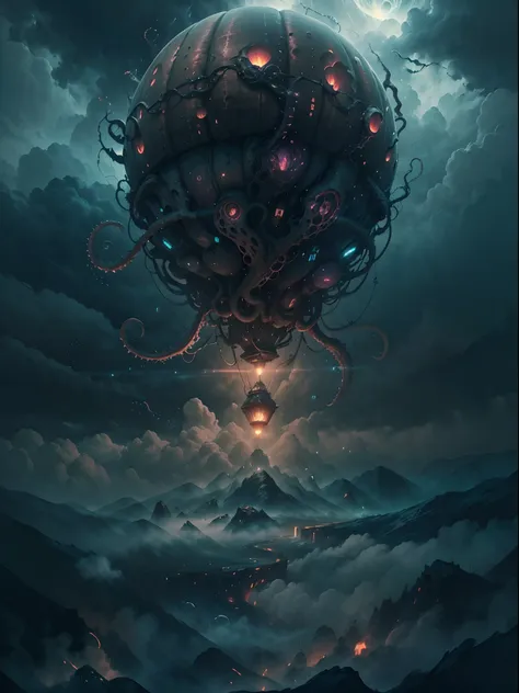 close shot of a a hot air balloon flying above the clouds, glowing with otherworld energy,hp.lovecraft style, (best quality,4k,8...