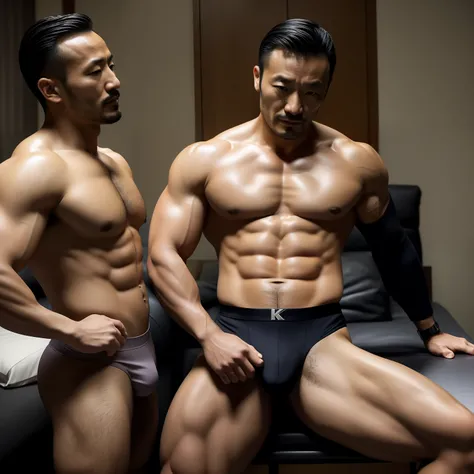 aged 40，Hidetoshi Nakata ，（Kogoro Mouri 1.3），Two muscular men together，Naked upper body，Thick body hair，Crotch contour，Wear sexy briefs，little beard，tmasterpiece，k hd，black long socks，the feet，Business suit