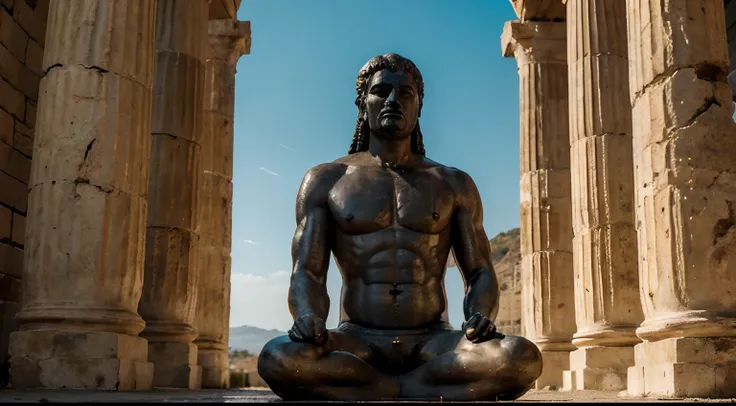 Ancient Stoic Statue With Very Angry Expression, tem barba, muitos detalhes em ambos os olhos, Outside, fundo atenas grego, open sky, com rosto extremamente detalhado full body view, Colors with low saturation with dark tone, Filmado em Sony A7S III com So...