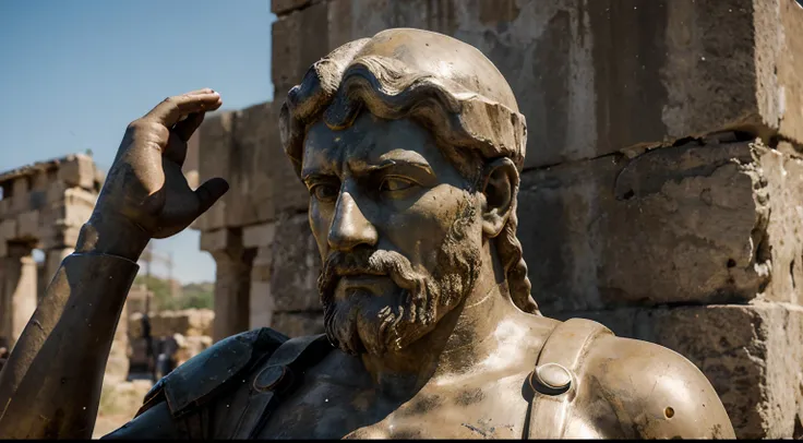 Ancient Stoic Statue With Very Angry Expression, tem barba, muitos detalhes em ambos os olhos, Outside, fundo atenas grego, open sky, com rosto extremamente detalhado full body view, Colors with low saturation with dark tone, Filmado em Sony A7S III com So...