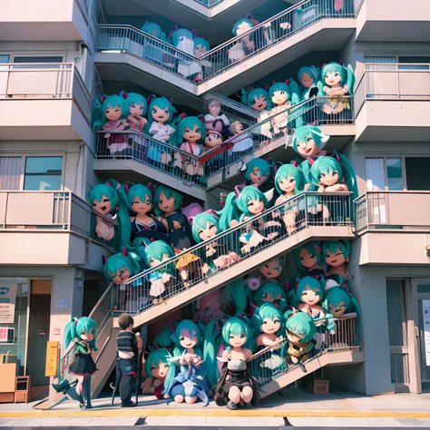 Anime character sitting on the stairs of a building, Tokyo Anime Scene, miku hatsune, VOCALOID, anime cgi style, ross tran 8 k, Trending on ArtStation pixiv, by Kamagurka, overpopulation, realistic anime 3 d style, artstation hq」, pop japonisme 3 d ultra d...