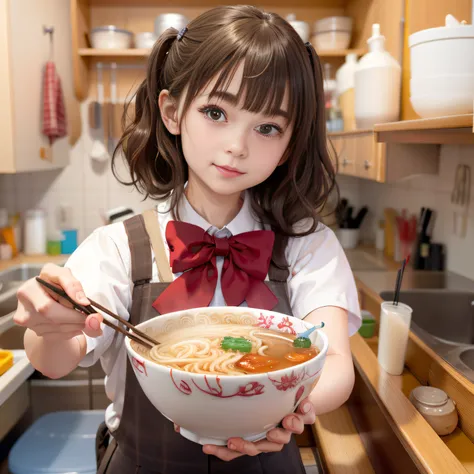 RAW image quality、8K分辨率、Ultra-high-definition CG images、japanes, girl with, 15yo student、Girl holding bowl of ramen with chopsticks in hand, Real life girls, realistic 3 d style, Cute 3D girl rendering, Eating ramen, cooking a, Photorealsitic, Rin, a hyper...