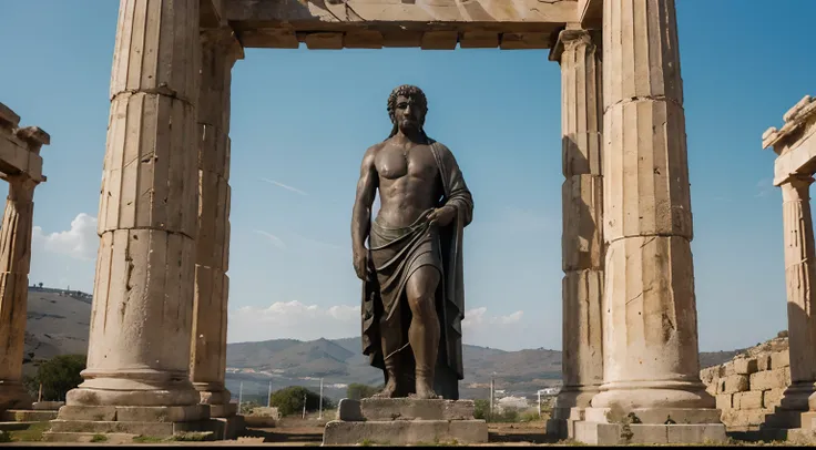 Ancient Stoic Statue With Very Angry Expression, tem barba, muitos detalhes em ambos os olhos, Outside, fundo atenas grego, open sky, com rosto extremamente detalhado full body view, Colors with low saturation with dark tone, Filmado em Sony A7S III com So...