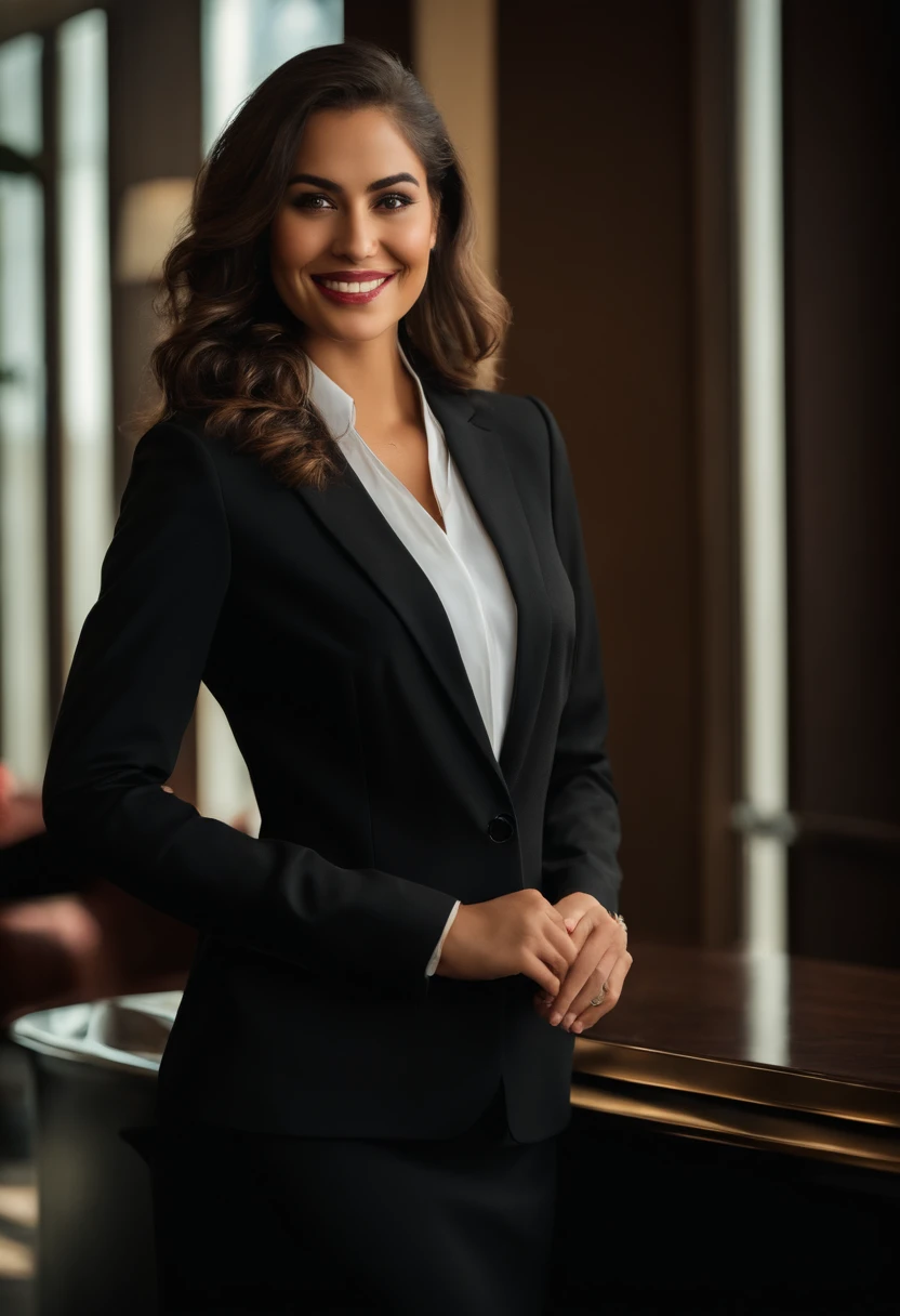 Natural light, girl smiling at the front desk of the hotel in a black suit (best quality, masterpiece: 1.2)