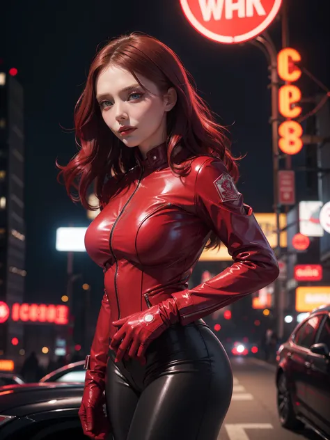 (1 lady), Elizabeth Olsen, beautiful face, scarlet hair , big boobs,perfect body shape, amazing eyes, wearing latex scarlet gloves, (scarlet tight dress +long sleeves, scarlet tight trousers, scarlet leather Jacket ),  (pantyhose:0.9),model pose, Canon EOS...