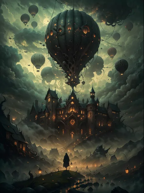 (best quality,highres,masterpiece:1.2),close shot image,giant hot air balloon,(hp.lovecraft style),(vivid colors,dark and myster...