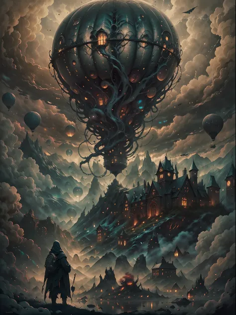 (best quality,highres,masterpiece:1.2),close shot image,giant hot air balloon,(hp.lovecraft style),(vivid colors,dark and myster...