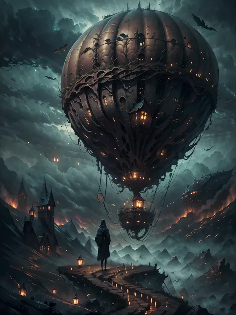 (best quality,highres,masterpiece:1.2),close shot image,giant hot air balloon,(hp.lovecraft style),(vivid colors,dark and myster...