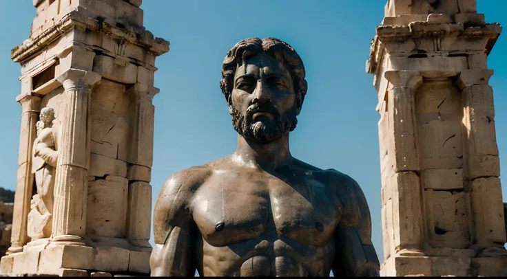 Ancient Stoic Statue With Very Angry Expression, tem barba, muitos detalhes em ambos os olhos, Outside, fundo atenas grego, open sky, com rosto extremamente detalhado full body view, Colors with low saturation with dark tone, Filmado em Sony A7S III com So...