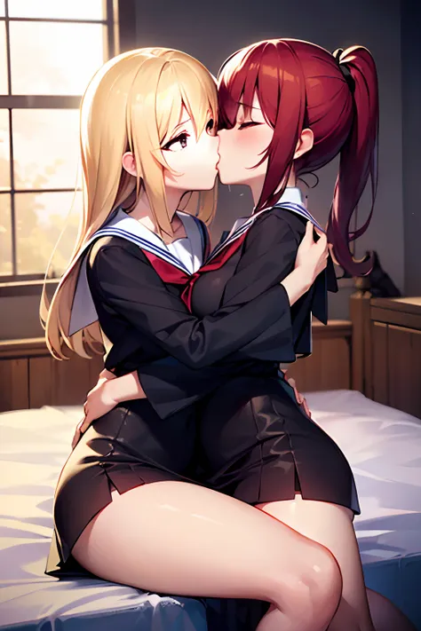 (The 8k quality, Highly detailed, masutepiece, Ultra-detailed),２girl with、japanes、a sailor suit、a miniskirt、Breakdown,Sit across from each other,a bed,((Kiss on the cheek))、((Face to face))、embracing each other，Push each other、Moist eyes、Half-open lips、Bea...