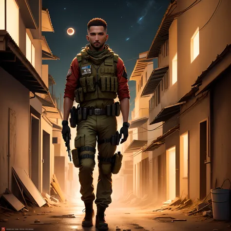 Retrato do complexo SCP do soldado Spec Ops, fundo escuro, uniforme preto, brown pants, Tactical equipment, Lua vermelha no fundo, lua vermelha, Red Moon behind the character,