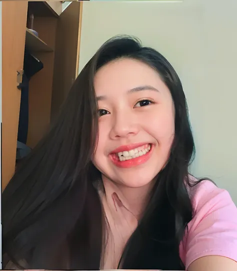 smiling woman with long black hair and pink shirt taking selfie, mai anh tran, happily smiling at the camera, she is smiling, she is smiling and happy, picture, headshot profile picture, xision wu, 18 years old, inspired by Kim Jeong-hui, louise zhang, wit...