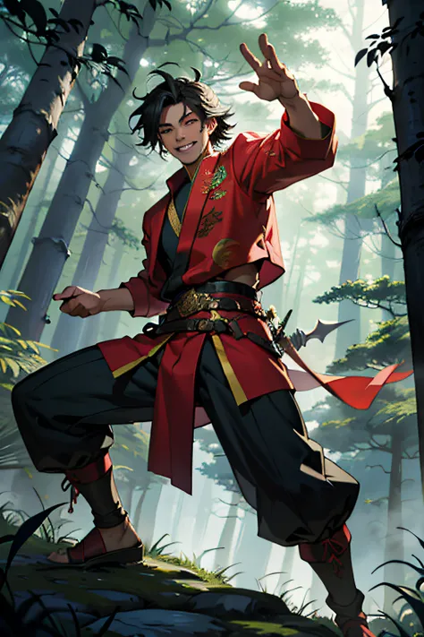 masterpiece, (masterpiece, top quality, best quality), 1 man, solo, east asian attire, messy hair, grin, snarky face, kpop idol, tall, fantasy character, dnd, dagger belt, dynamic pose, forest background, cinematic lighting