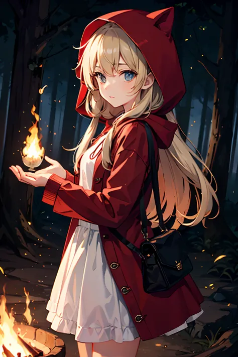 girl, red ridding hood, looking at the viewer, forest background, night time, bonfire