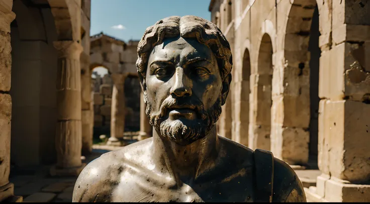 Ancient Stoic Statue With Very Angry Expression, tem barba, muitos detalhes em ambos os olhos, Outside, fundo atenas grego, open sky, com rosto extremamente detalhado full body view, Colors with low saturation with dark tone, Filmado em Sony A7S III com So...