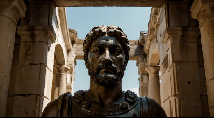 Ancient Stoic Statue With Very Angry Expression, tem barba, muitos detalhes em ambos os olhos, Outside, fundo atenas grego, open sky, com rosto extremamente detalhado full body view, Colors with low saturation with dark tone, Filmado em Sony A7S III com So...