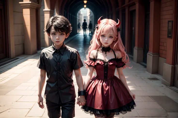 Little Devil Boy and Devil Girl Holding Hand