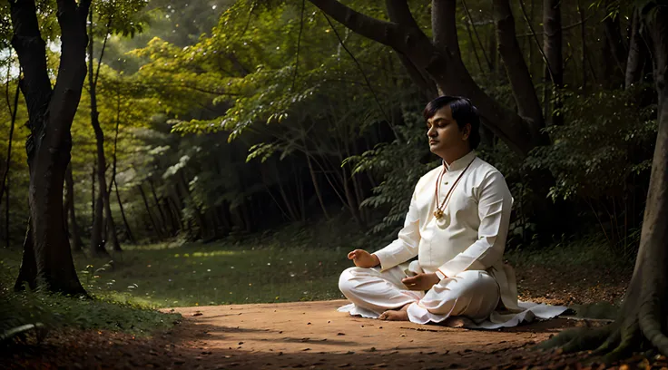 Vivekananda meditating in dreamy forest, High quality,