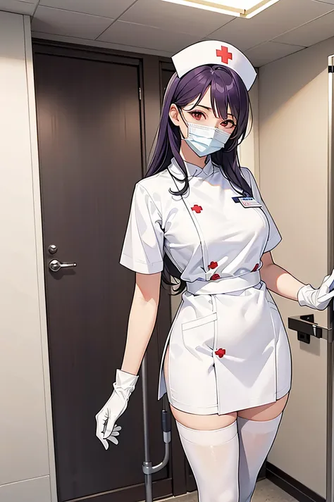 1woman, solo, nurse, nurse cap, white wear, ((white legwear, zettai ryouiki)), white gloves, long hair, purple hair, red eyes, (...