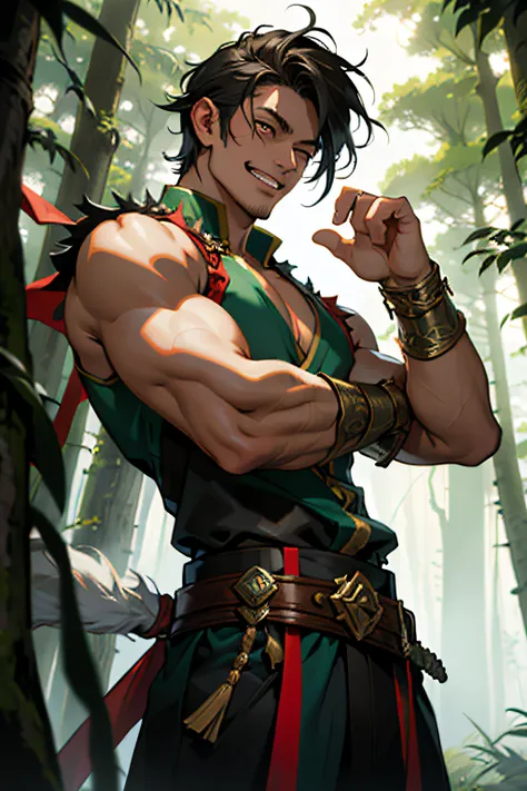 masterpiece, (masterpiece, top quality, best quality), 1 man, solo, east asian attire, messy hair, grin, snarky face, broad shouldered, tall, fantasy character, dnd, dagger belt, dynamic pose, forest background, cinematic lighting