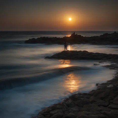 silhueta de menino em frente ao mar de noite, sentado em um pequeno muro de pedra com a luz da lua, good ilumination, mar bonito, water reflection, 4k, 8k, Sky detailed with beautiful colors, lua detalhada, imagem super detalhada, HD, cores bonitas, sentad...