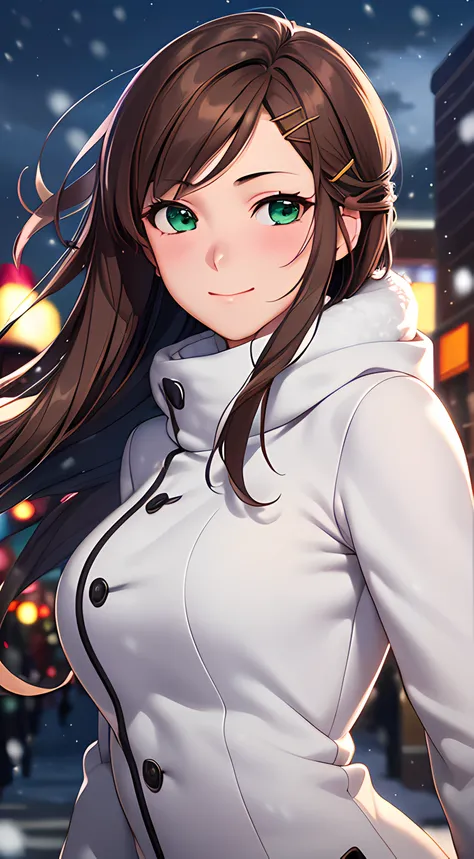 ((masterpiece, best quality, highres, UHD, perfect pixel, depth of field, 4k, RTX, HDR)), 1girl, single, solo, 24 years old, beautiful anime girl, beautiful art style, anime character, smile, beautiful smile, ((long hair, parted bangs, brown hair, hair pin...