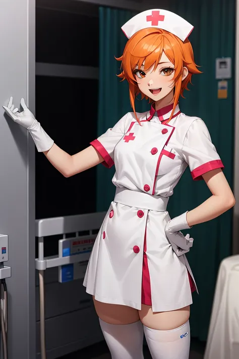 1girl, solo, nurse, nurse cap, white wear, ((white legwear, zettai ryouiki)), white gloves, very short hair, orange hair, smile, open mouth, standing, ((hospital room)), sharp outline, short sleeves, tomboy, boyish, best quality, masterpiece