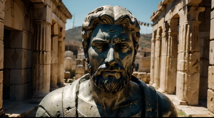 Ancient Stoic Statue With Very Angry Expression, tem barba, muitos detalhes em ambos os olhos, Outside, fundo atenas grego, open sky, com rosto extremamente detalhado full body view, Colors with low saturation with dark tone, Filmado em Sony A7S III com So...