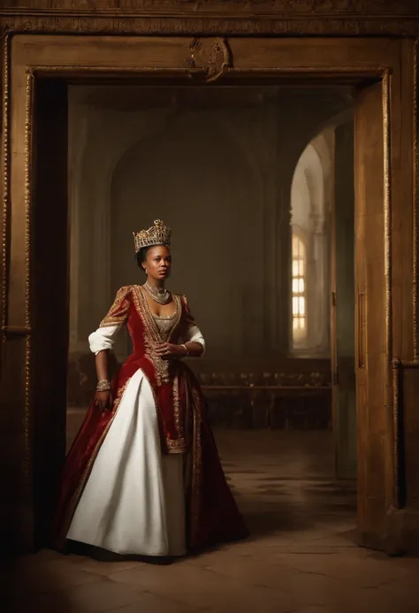 Visualize a dramatic scene where Blasian Queen Ranavalona III of Madagascar, in her castle on her knees, confronts French colonial soldiers. Soldiers should be depicted with white skin, dressed in French uniforms. The scene should look modern, as if it was...