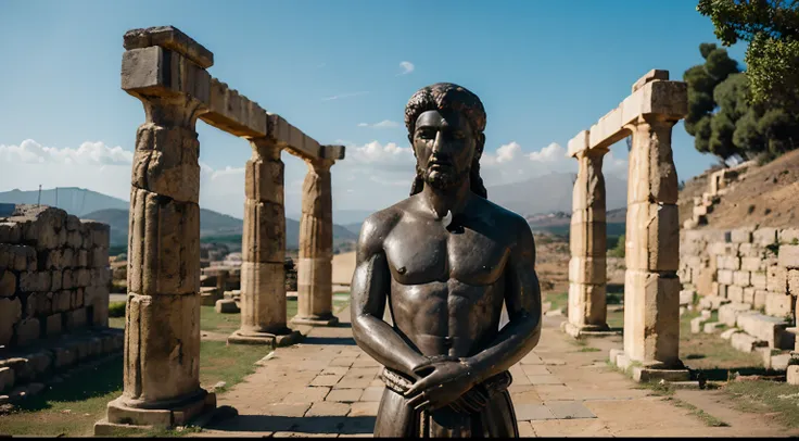 Ancient Stoic Statue With Very Angry Expression, tem barba, muitos detalhes em ambos os olhos, Outside, fundo atenas grego, open sky, com rosto extremamente detalhado full body view, Colors with low saturation with dark tone, Filmado em Sony A7S III com So...