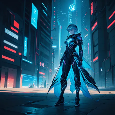 Arte conceitual perfeita de uma mulher guerreira de armadura tecnologica com detalhes de linhas intricados em azul parecendo neon na armadura. cabelos escuro e olhos azuis, estilo anime.
Make the background a cyberpunk city style digital art.
Pose of Her S...