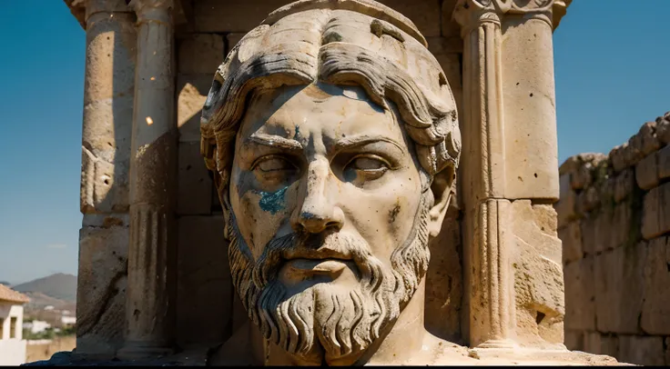 Ancient Stoic Statue With Very Angry Expression, tem barba, muitos detalhes em ambos os olhos, Outside, fundo atenas grego, open sky, com rosto extremamente detalhado full body view, Colors with low saturation with dark tone, Filmado em Sony A7S III com So...