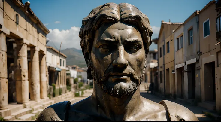 Ancient Stoic Statue With Very Angry Expression, tem barba, muitos detalhes em ambos os olhos, Outside, fundo atenas grego, open sky, com rosto extremamente detalhado full body view, Colors with low saturation with dark tone, Filmado em Sony A7S III com So...