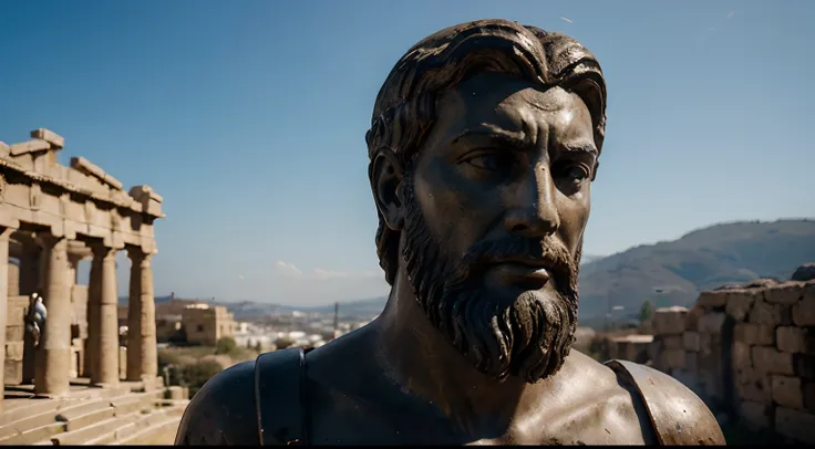 Ancient Stoic Statue With Very Angry Expression, tem barba, muitos detalhes em ambos os olhos, Outside, fundo atenas grego, open sky, com rosto extremamente detalhado full body view, Colors with low saturation with dark tone, Filmado em Sony A7S III com So...