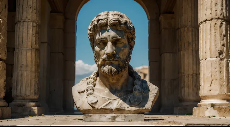 Ancient Stoic Statue With Very Angry Expression, tem barba, muitos detalhes em ambos os olhos, Outside, fundo atenas grego, open sky, com rosto extremamente detalhado full body view, Colors with low saturation with dark tone, Filmado em Sony A7S III com So...