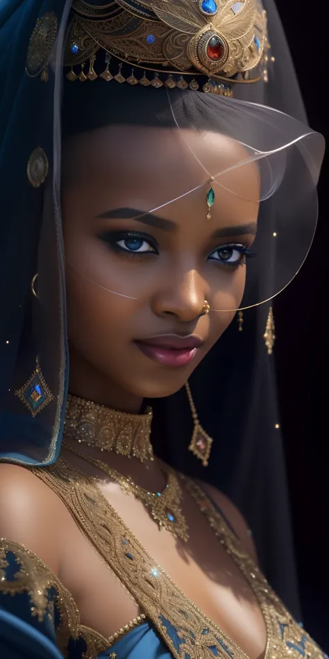 a close up of a woman wearing a veil and a blue dress, 8k high quality detailed art, beautiful character painting, arabian black beauty, detailed beautiful face, beautiful fantasy art portrait, elegant digital painting, gorgeous digital painting, a stunnin...