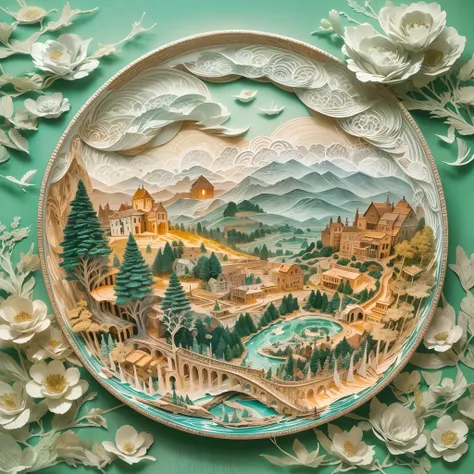 On a plate,(Paper carving):Dreamy landscape painting