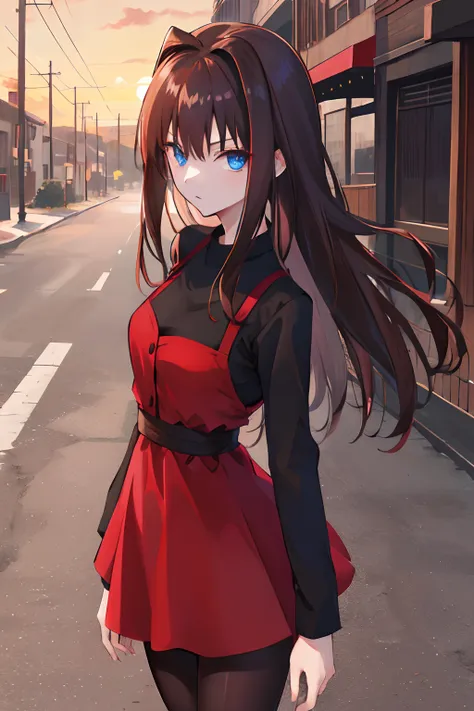 masutepiece, Best Quality, hight resolution, nffsw, Long hair, Brown hair, Black shirt, Red dress, Long sleeves, Black pantyhose, Cowboy Shot, Standing, Street, Looking at Viewer, Sunset､Blue eyes