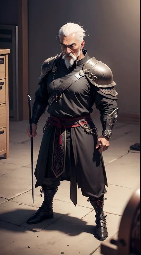 8k realistic image of a 60 year old oriental man dressed in black rpg warrior style cleric attire, serious expression, standing in an office, anime style art