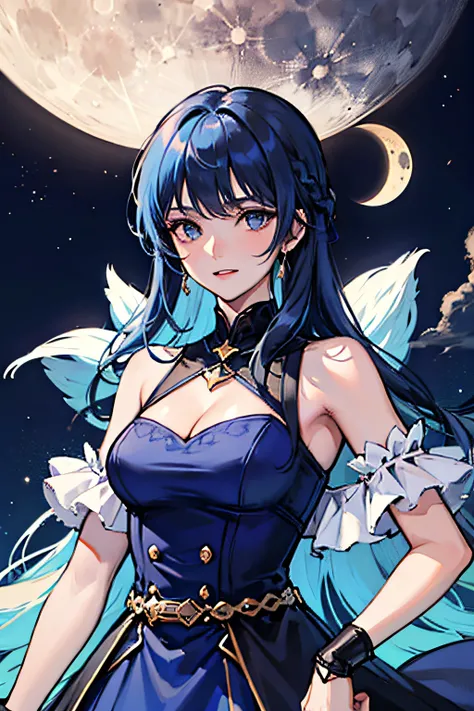 moon, blue light, 1girl, blue hair, blue dress, hero