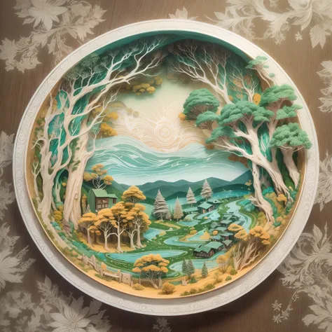 On a plate,(Paper carving):Dreamy landscape painting