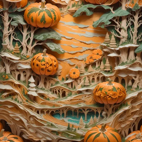 On pumpkins,(Paper carving):Dream landscape painting