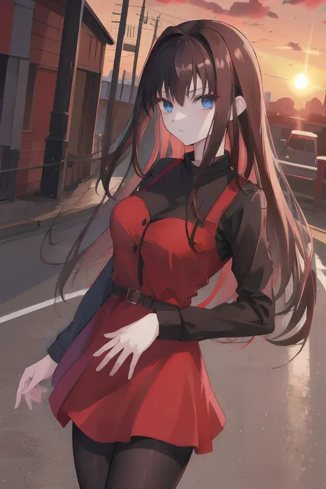 masutepiece, Best Quality, hight resolution, nffsw, Long hair, Brown hair, Black shirt, Red dress, Long sleeves, Black pantyhose, Cowboy Shot, Standing, Street, Looking at Viewer, Sunset､Blue eyes､Breast C cup