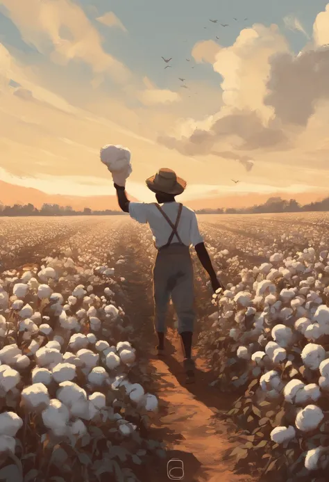 Digital art style, masterpiece, black people, picking cotton in fields