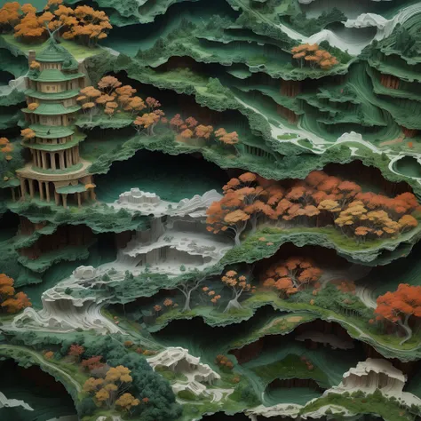 On an obsidian plate,(Paper carving):Dream terraced landscape painting