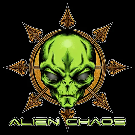 Alien Head with Star and Alien Chaos Text, Conception extraterrestre, Alien skulls, Alien head, alien skull, Designing skulls for a rock band, official artwork, Art extraterrestre, Chaos de transe, Dieu extraterrestre, Alien Technology of the 80s, Couleurs...