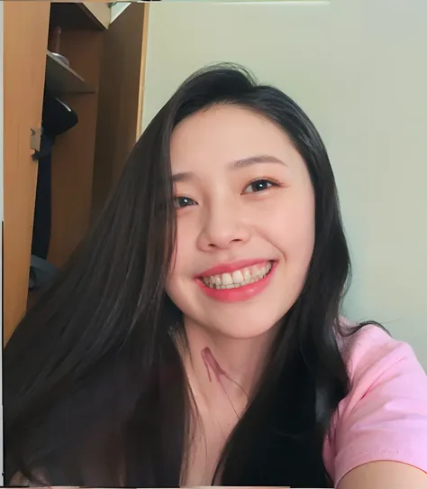 8k, hd, masterpiece, extreme details, image fix, smiling woman with long black hair and pink shirt taking selfie, mai anh tran, happily smiling at the camera, she is smiling, she is smiling and happy, picture, headshot profile picture, xision wu, 18 years ...