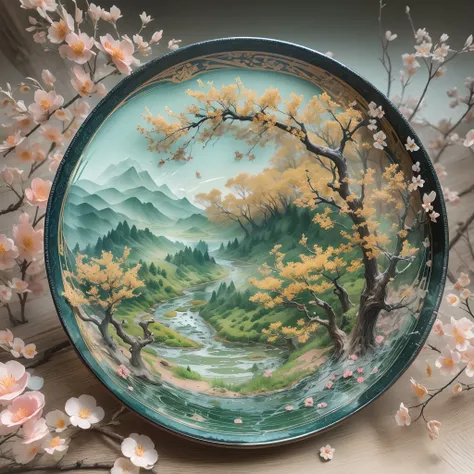 On a glass plate,(Paper carving):Dream Peach Blossom Forest landscape painting