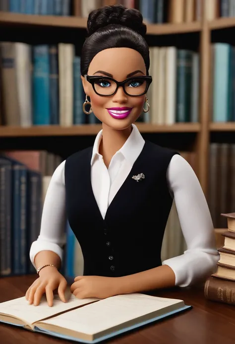 Headmaster, Authorized, Perched at Desk, at the school office, with books, Notebooks, computer, Dark and matted hair, light skin, blue eyes, with glasses on, with a serene and happy face, Barbie style, wearing dress